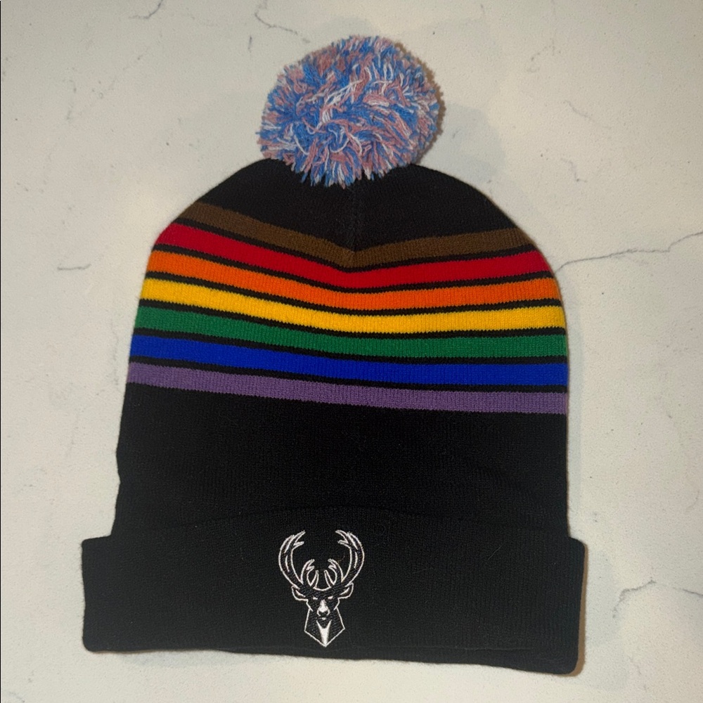 Kids Rainbow Striped Pom-Pom Beanie